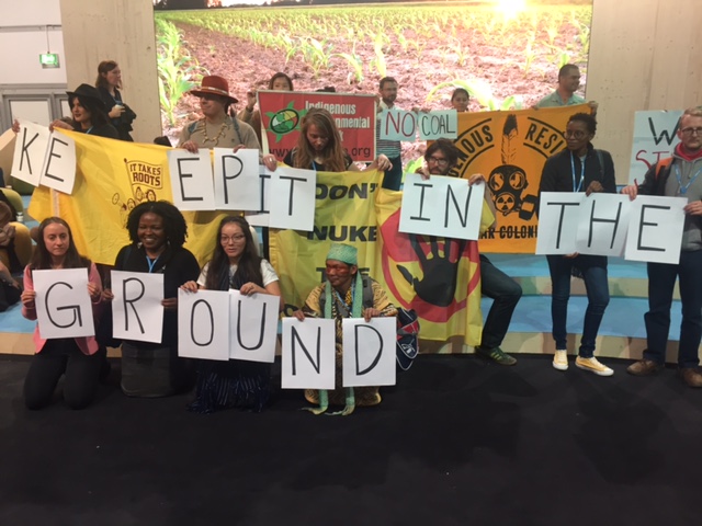 Protesters gather before the Trump panel discussion on fossil fuels at COP23 in Bonn, Germany. Photo by Justin Catanoso